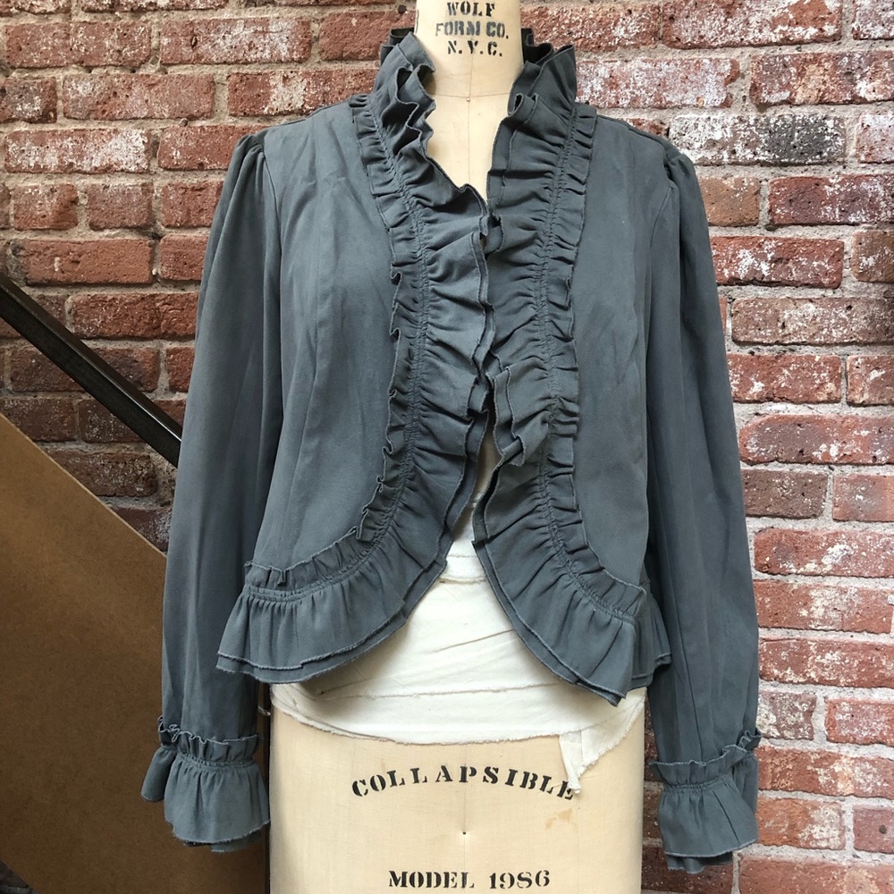 Marc Bouwer ruffled Jacket, L, gray brushed fabric. Polyester suede feel.